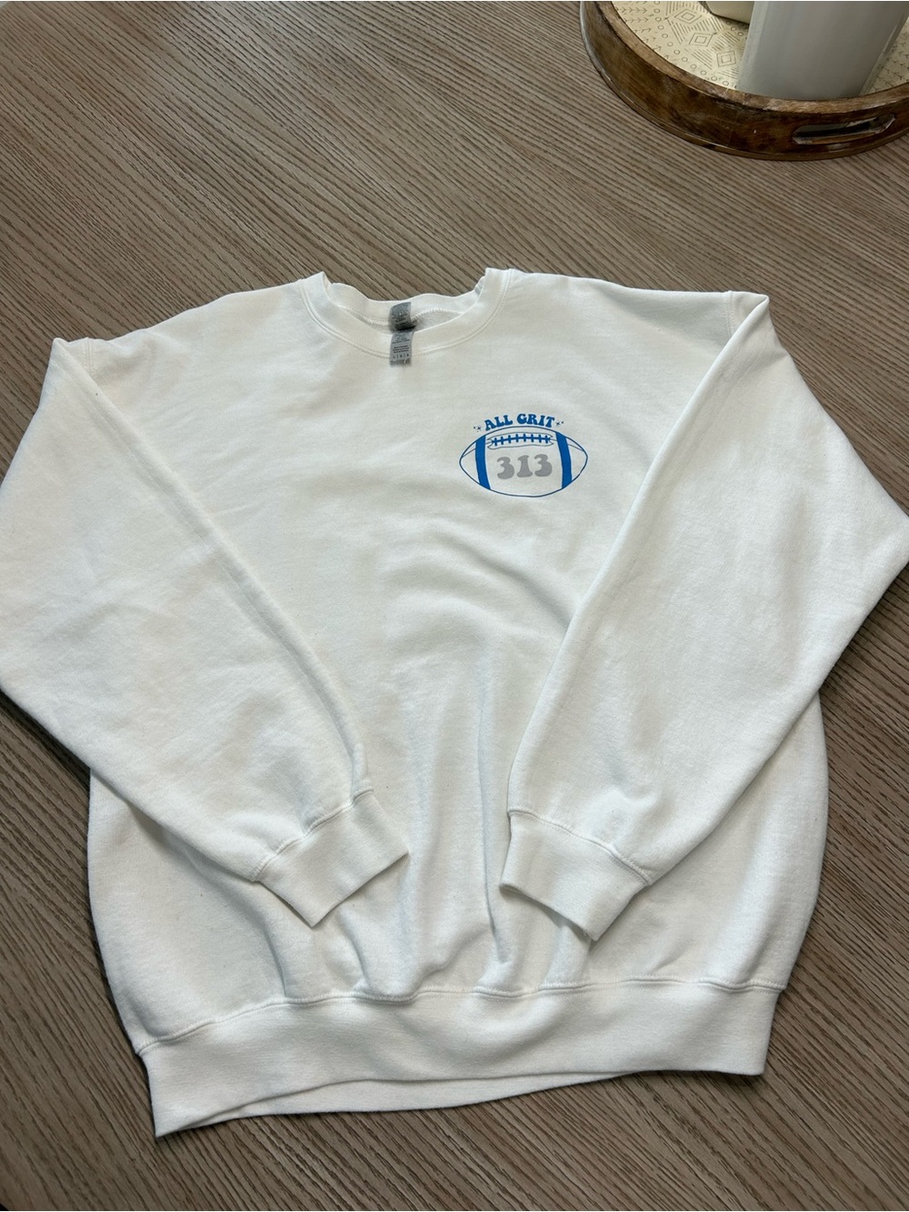 Gildan White Crewneck Sweatshirt with Blue Football Logo - Lions Football
